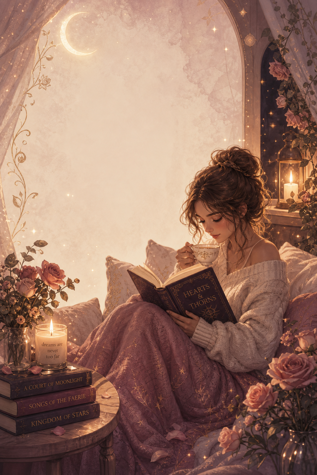 AI generated picture of a woman sitting in a whimsical, romantic setting-- curled up with a book.