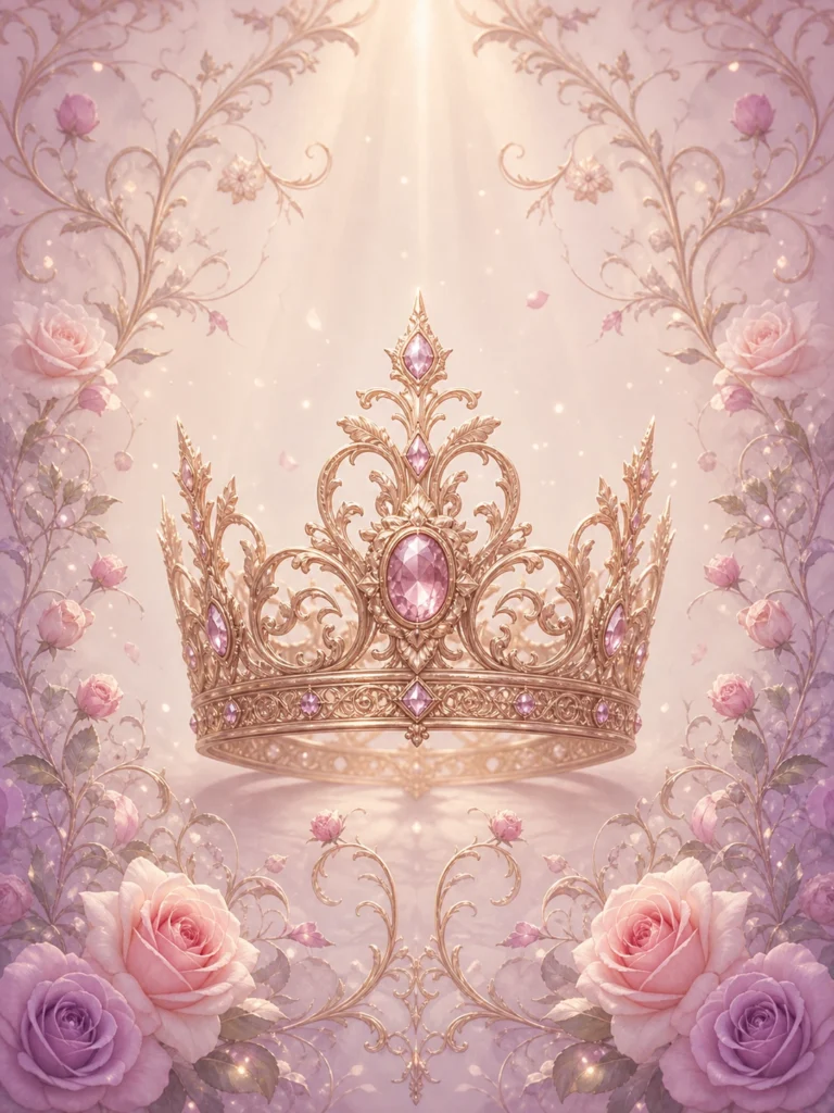 Golden tiara with pink jewels surrounded by pink and purple roses.