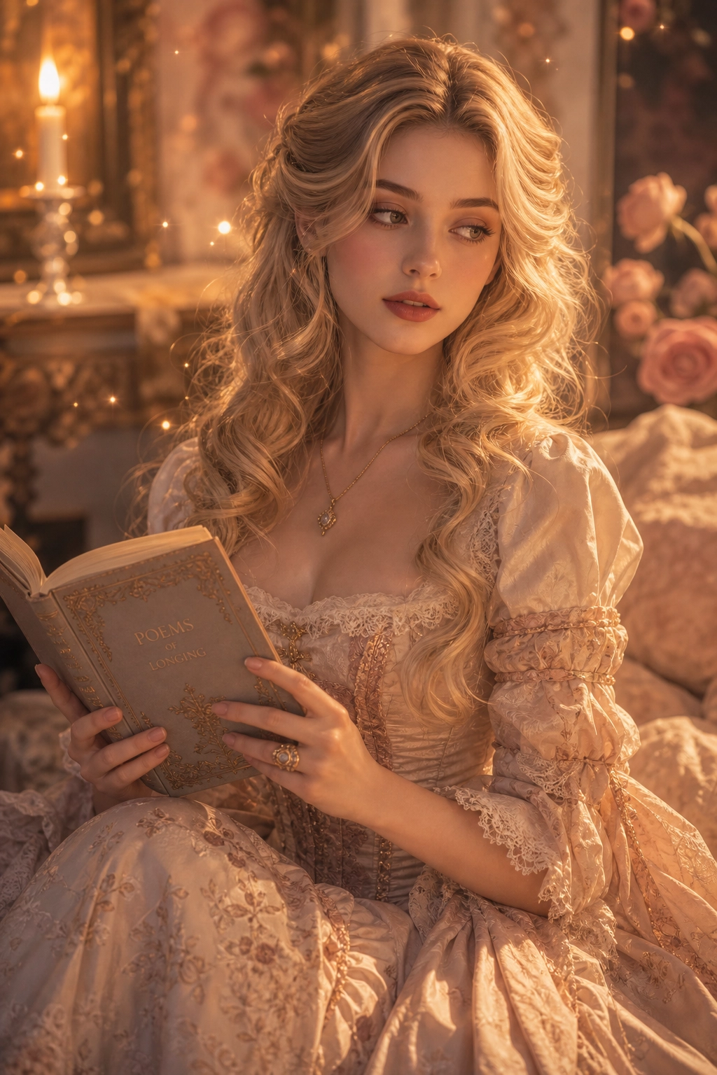 A blond woman sitting on a bed with a book in hand.