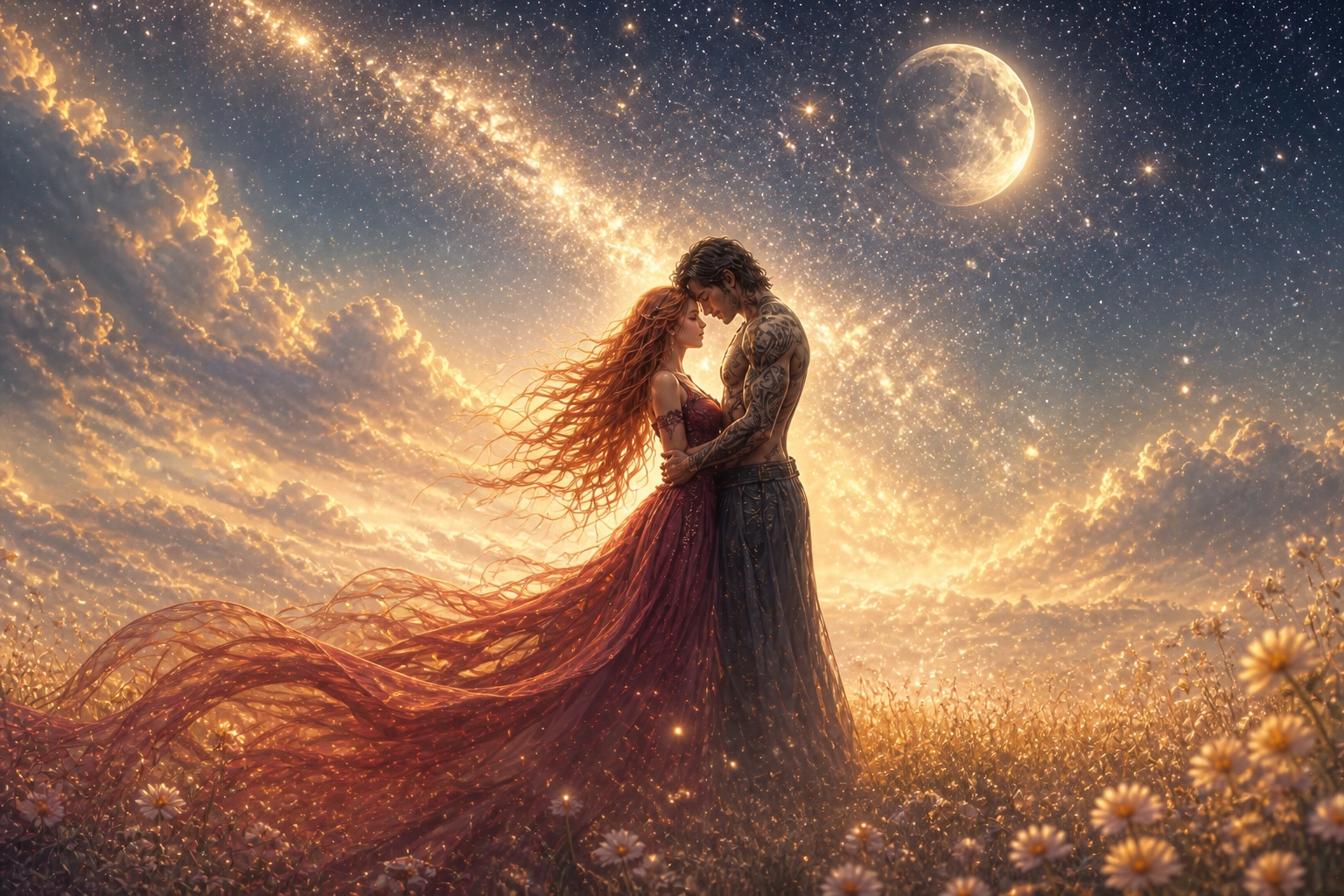 A fantasy couple standing on a field under a sky full of stars.
