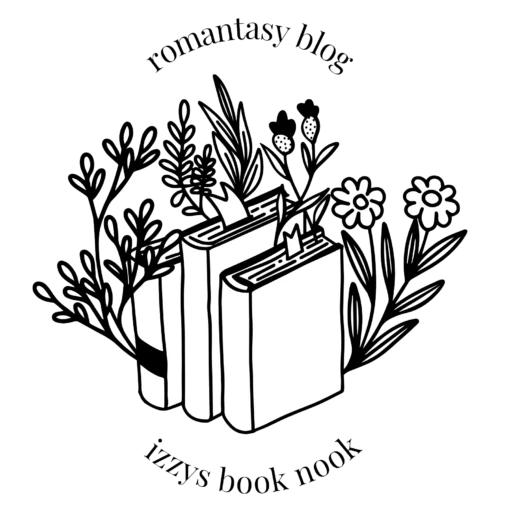 Izzy’s Book Nook Romantasy Blog logo featuring hand-drawn books surrounded by flowers